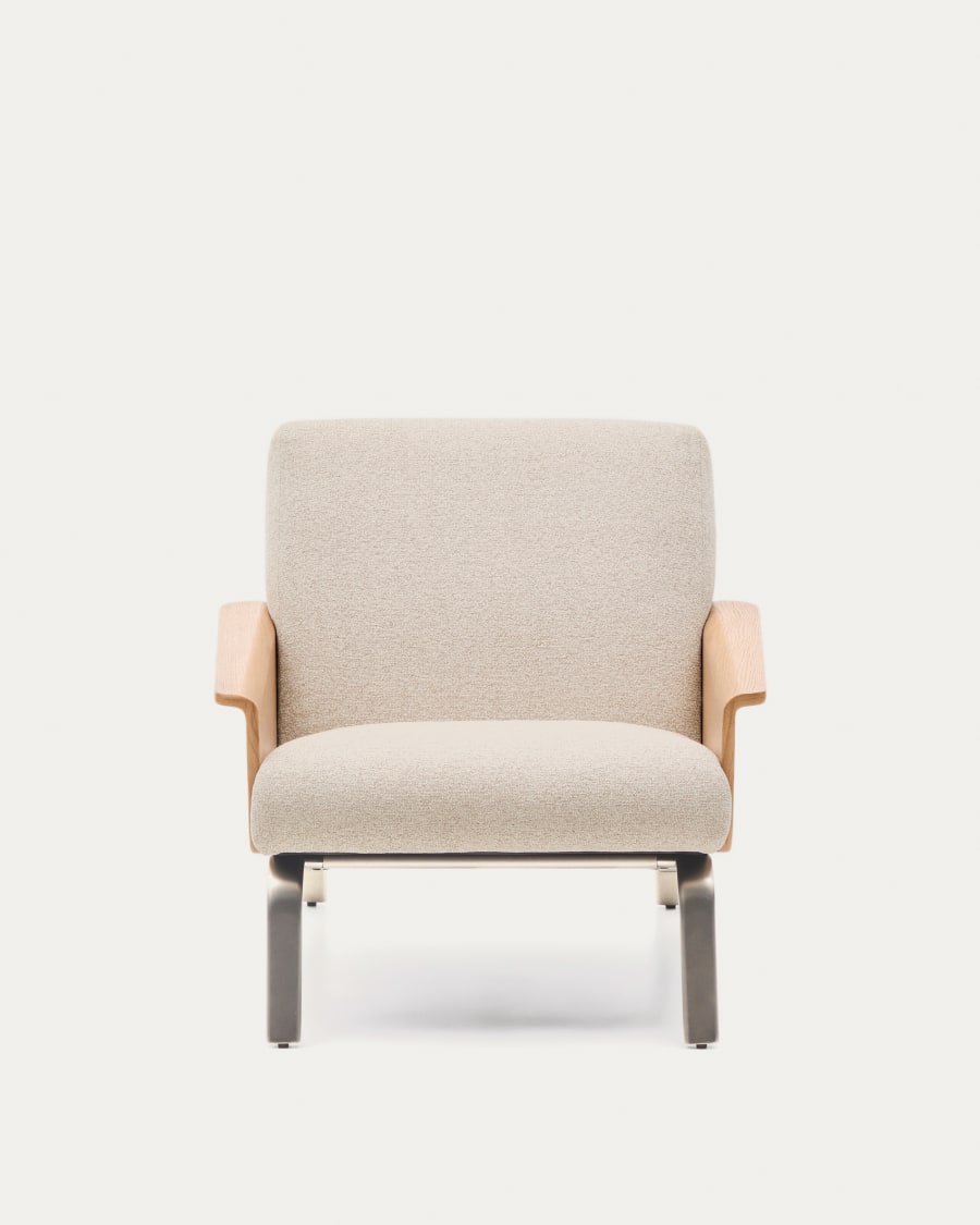 Sessel Amsen in Beige aus Eichensperrholz mit Beinen aus em gebürsteten Edelstahl FSC 100 %