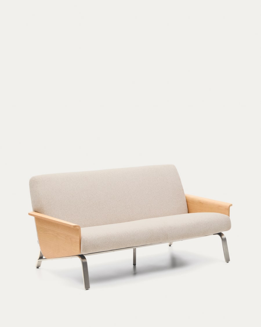 Amsen beige 2-seater sofa in oak plywood with brushed stainless steel legs 150cm FSC 100%