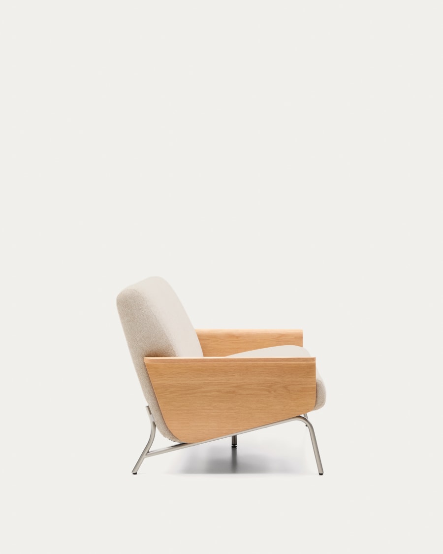 Amsen beige 2-seater sofa in oak plywood with brushed stainless steel legs 150cm FSC 100%