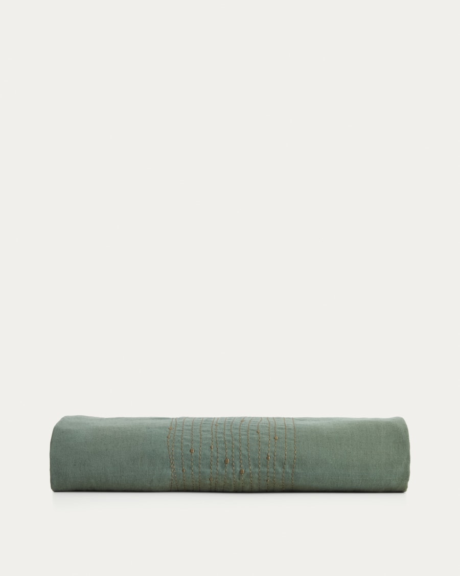 Tovaglia Flia in lino e cotone verde con ricamo in lurex dorato 150 x 250 cm