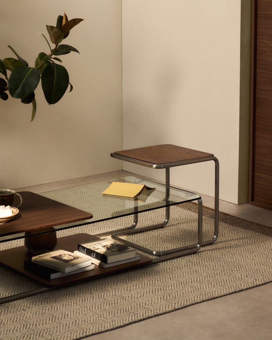 Tarsel side table in FSC 100% walnut veneer with brushed stainless steel structure 42 x 47cm