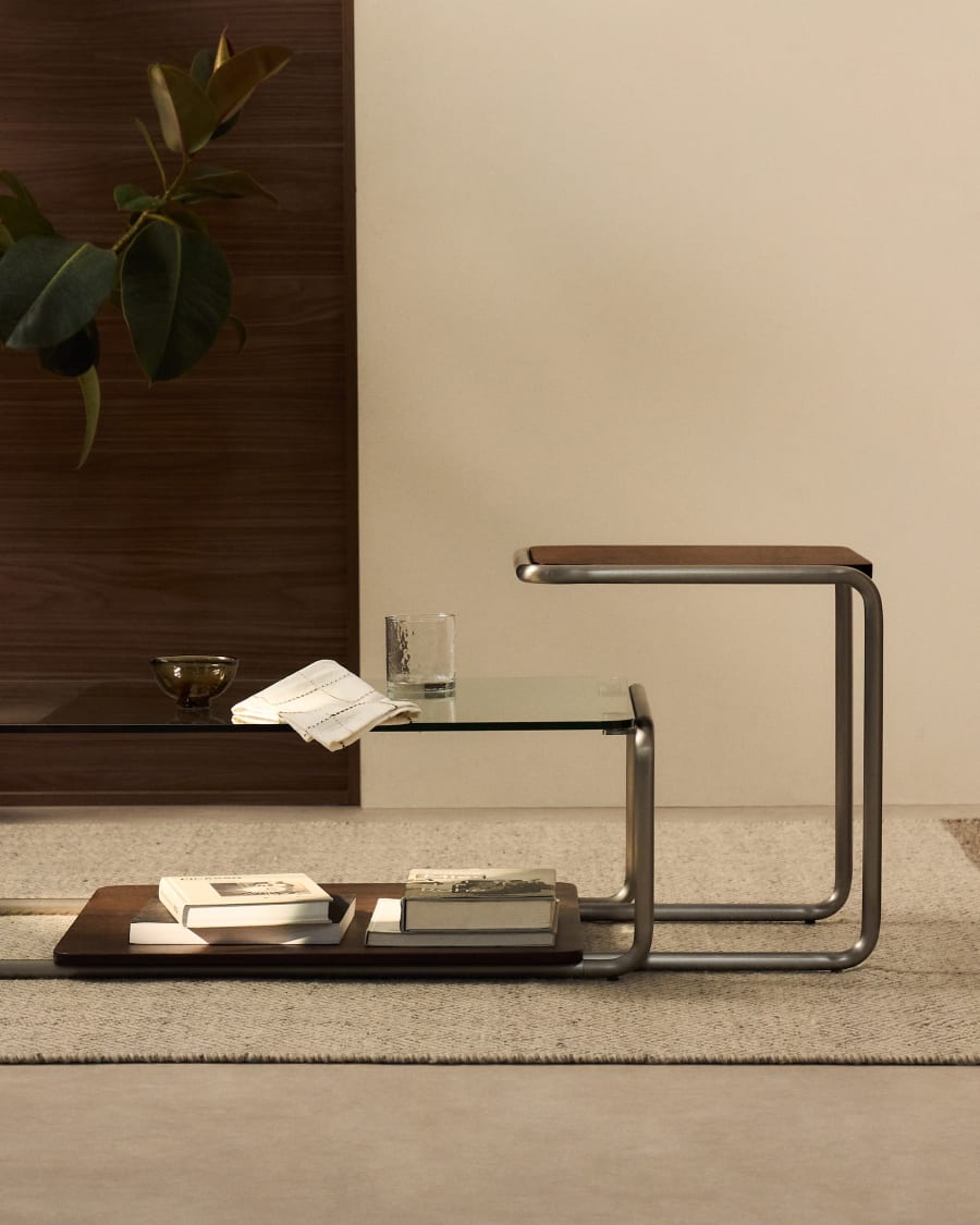 Tarsel side table in FSC 100% walnut veneer with brushed stainless steel structure 42 x 47cm