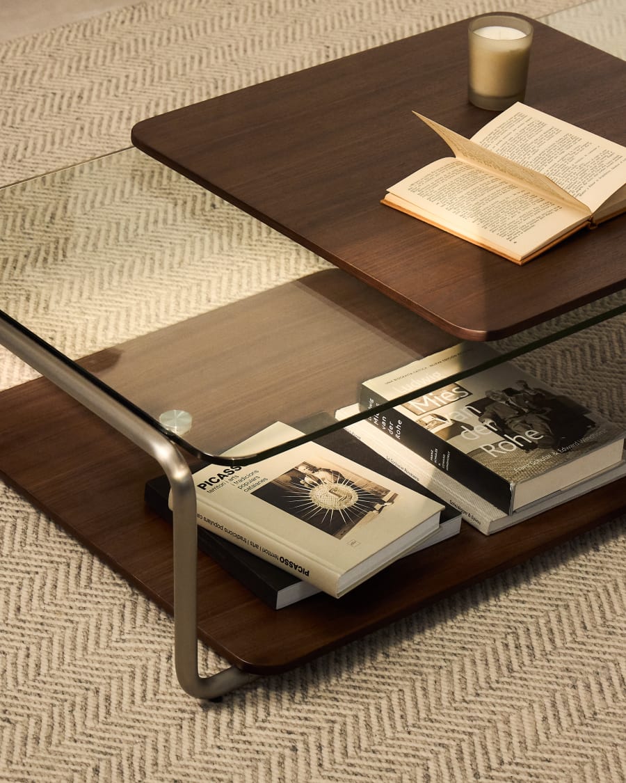 Tarsel coffee table in tempered glass with FSC 100% walnut veneer tray with brushed stainless steel structure 140 x 60cm
