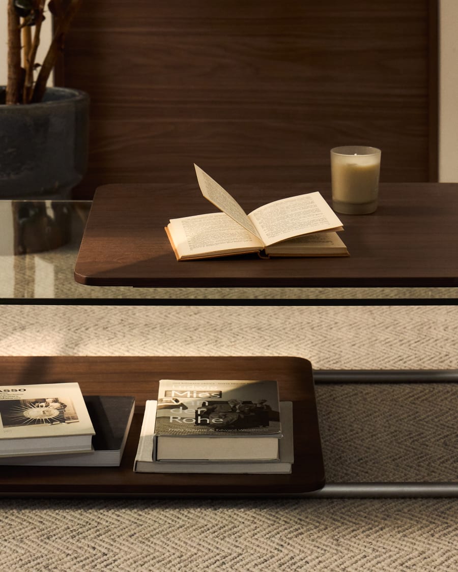 Tarsel coffee table in tempered glass with FSC 100% walnut veneer tray with brushed stainless steel structure 140 x 60cm