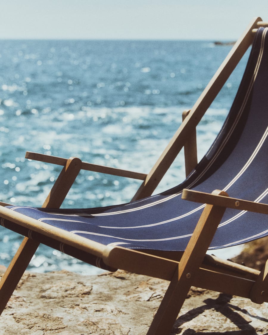 Vilara blue and beige striped outdoor folding deck chair made of FSC 100% solid acacia wood