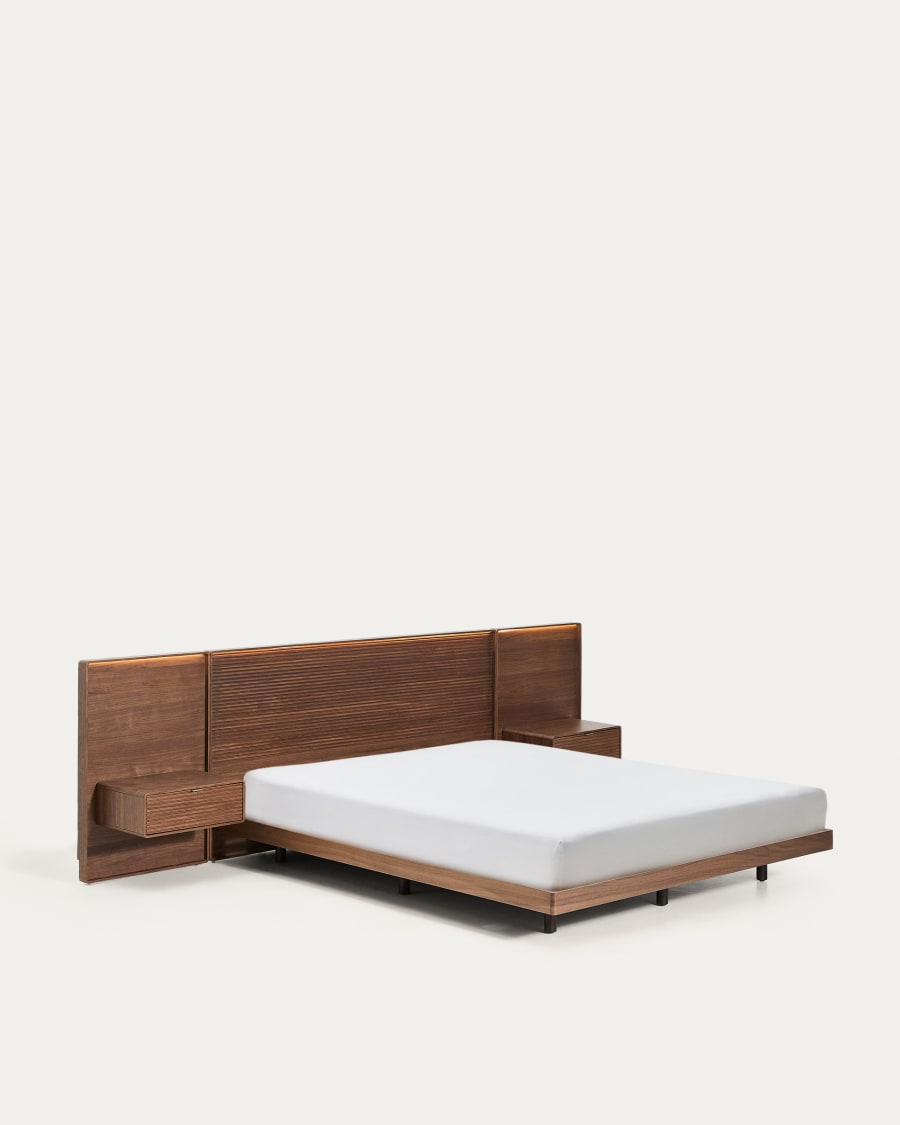 Lit Norlen avec 2 tables de nuit en placage de noyer avec finition foncée et lumière LED pour matelas 160 x 200 cm FSC 100%