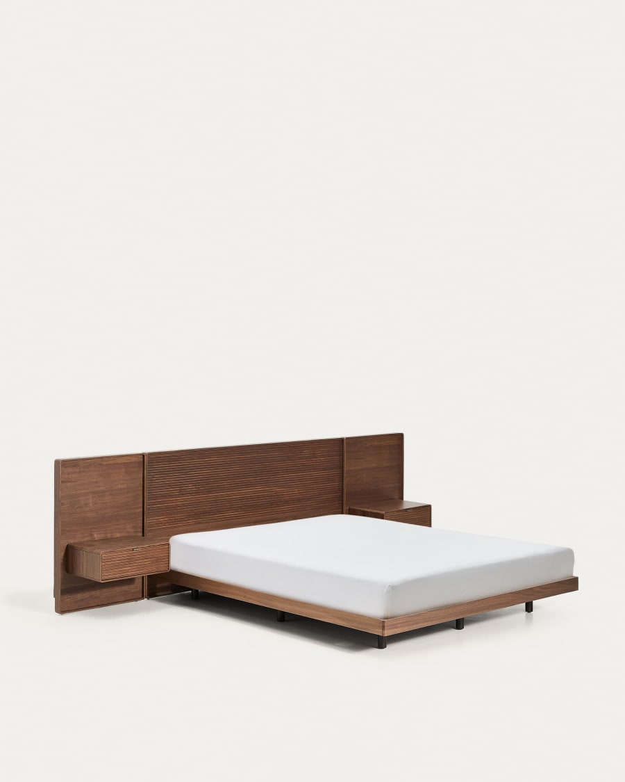 Lit Norlen avec 2 tables de nuit en placage de noyer avec finition foncée et lumière LED pour matelas 160 x 200 cm FSC 100%
