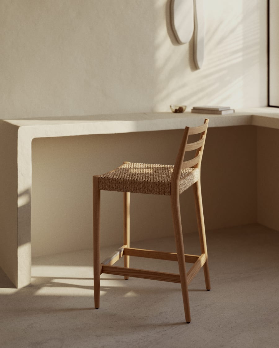 Analy stool with a backrest in solid oak wood in a natural finish, and rope cord seat, 70 cm FSC 100%