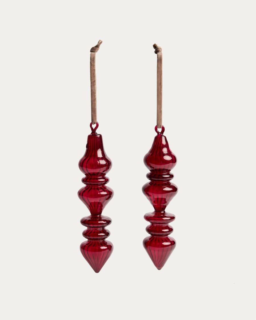 Lioren set of 2 red recycled glass hanging ornaments 21 cm