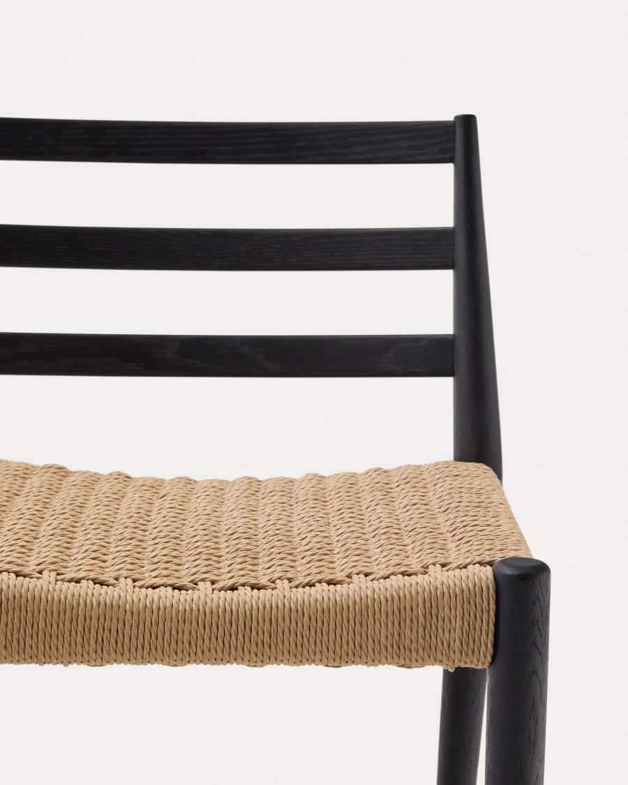 Analy stool with a backrest in solid oak wood in a black finish and rope cord seat, 70 cm, FSC 100%