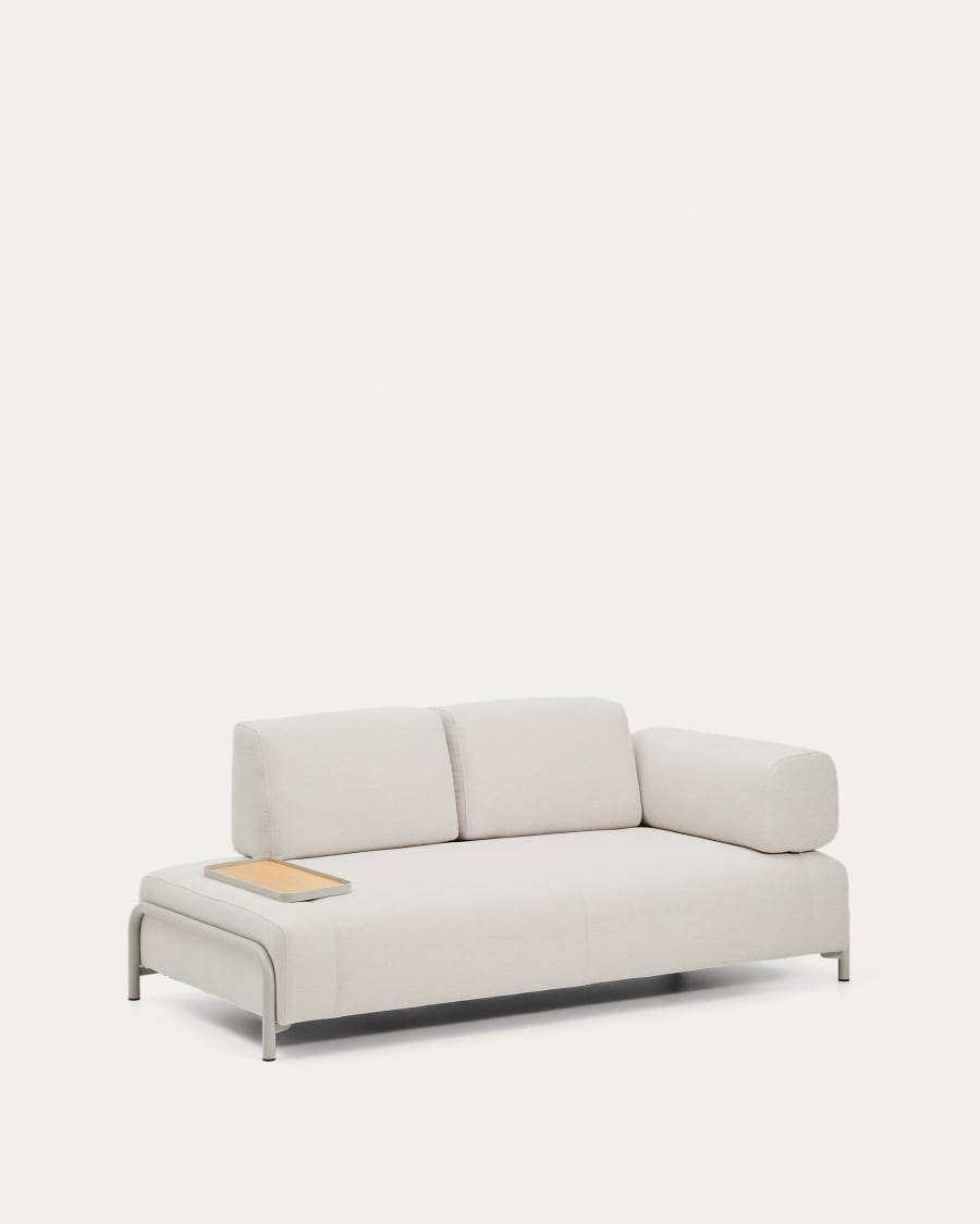 2-Sitzer-Sofa Compo aus Chenille in Ecru, kleines Tablett mit Eichenfurnier und beiges Metallgestell 200 cm FSC Mix Credit