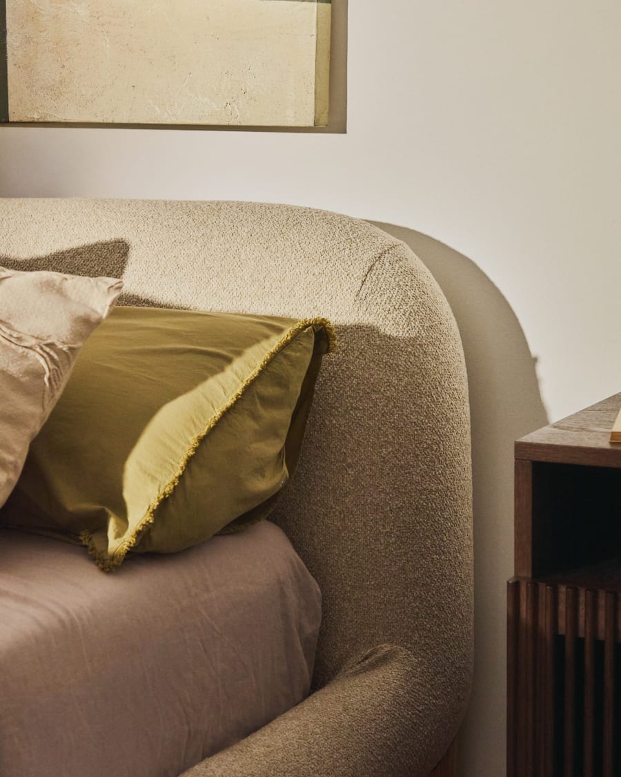Odina ecru bouclé bed with removable cover and solid ash wood legs with walnut finish for 180 x 200cm mattress