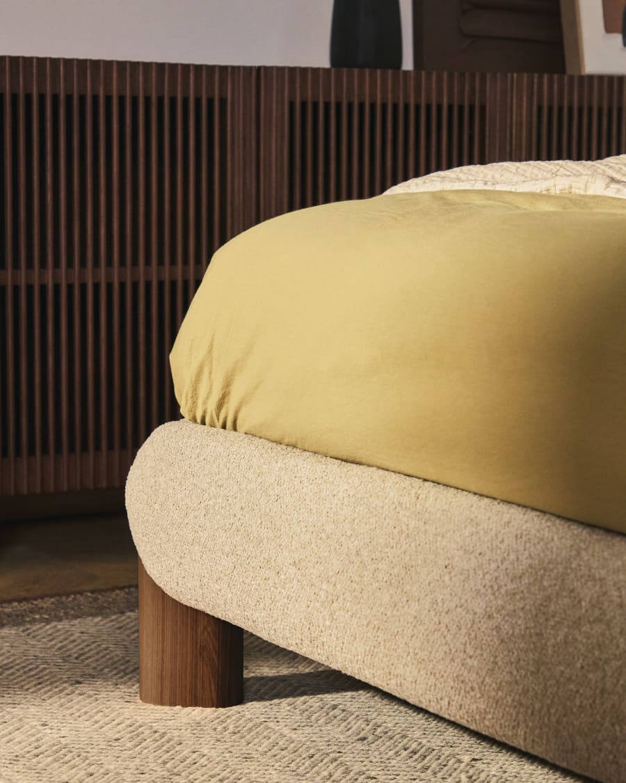 Odina ecru bouclé bed with removable cover and solid ash wood legs with walnut finish for 180 x 200cm mattress