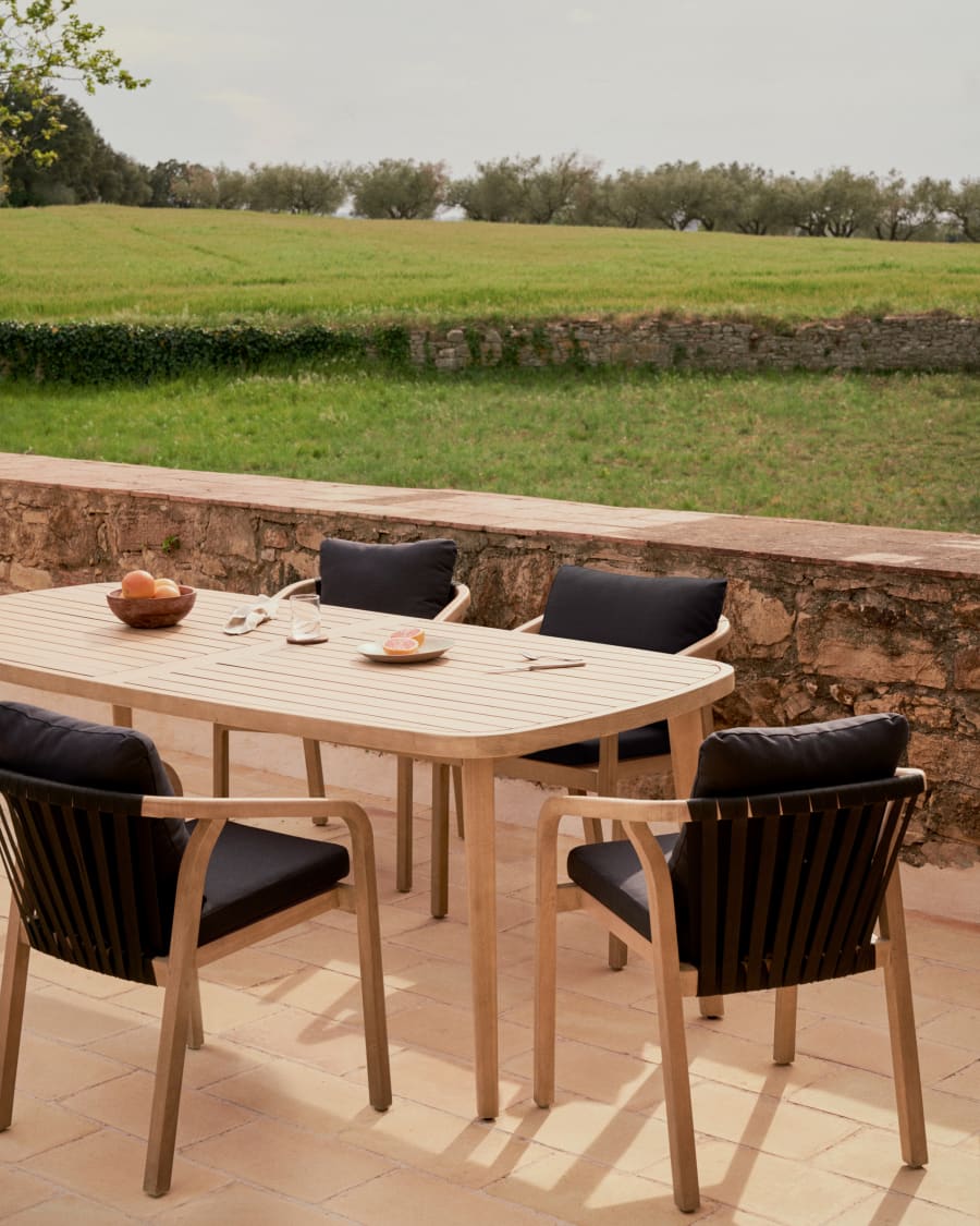 Malaret stackable chair in solid eucalyptus and black cord, FSC