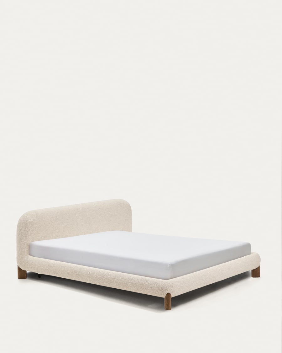 Odina ecru bouclé bed with removable cover and solid ash wood legs with walnut finish for 180 x 200cm mattress