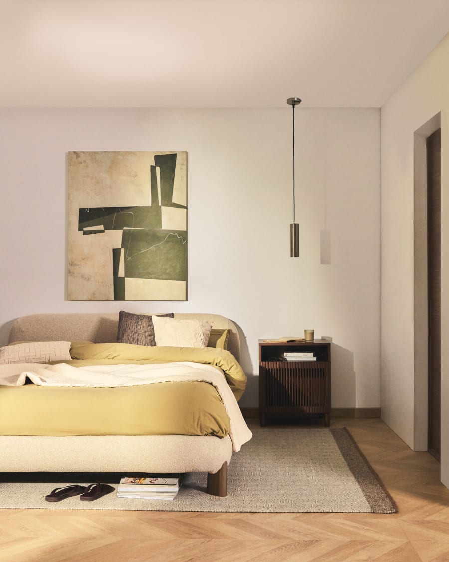 Odina ecru bouclé bed with removable cover and solid ash wood legs with walnut finish for 180 x 200cm mattress