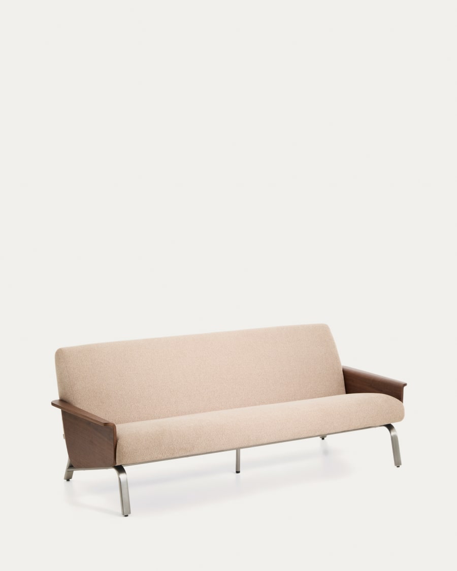 Amsen light brown 3-seater sofa in walnut plywood with brushed stainless steel legs 190cm FSC 100%