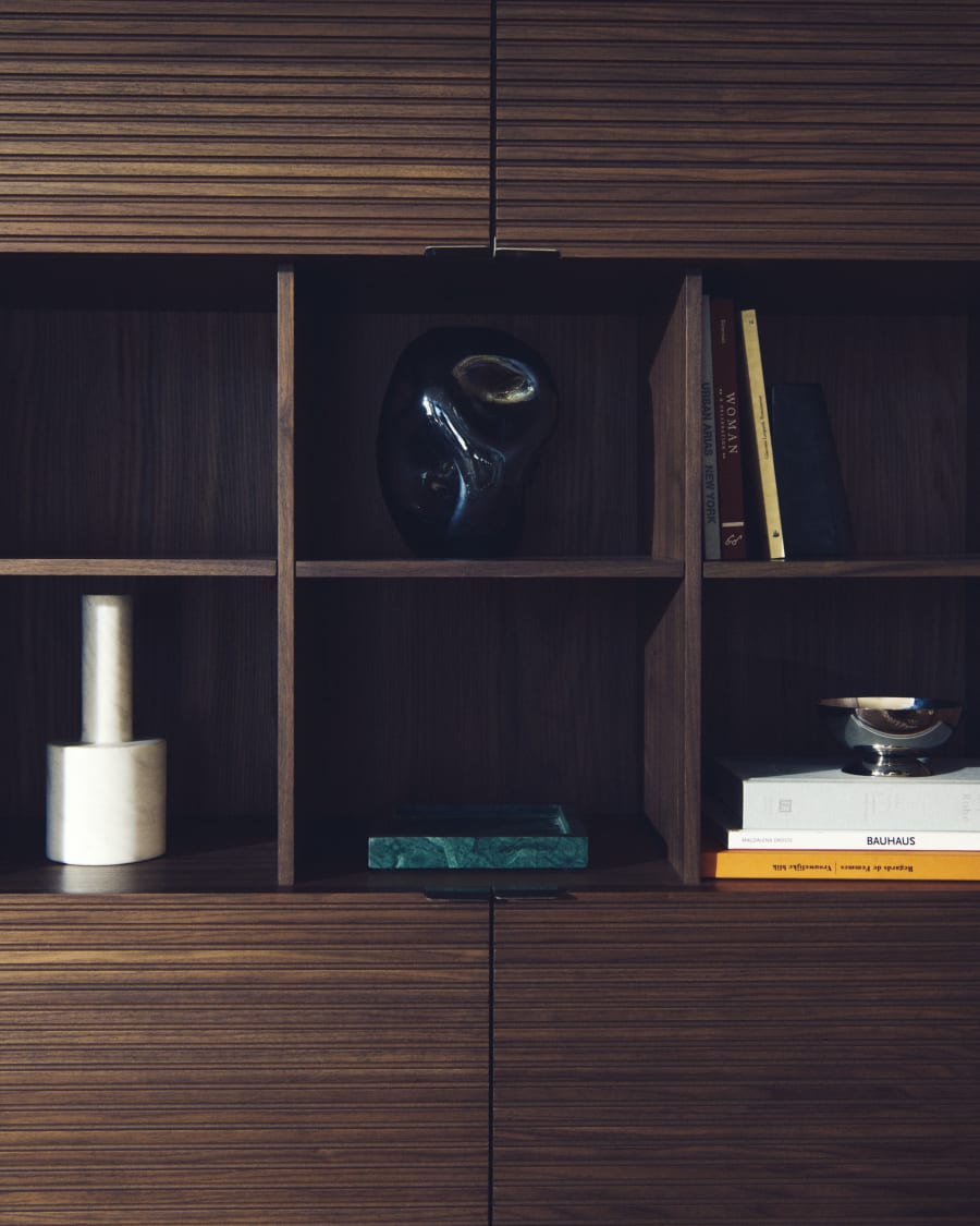Norlen 4-door tall sideboard in walnut veneer FSC Mix Credit 100 x 163cm
