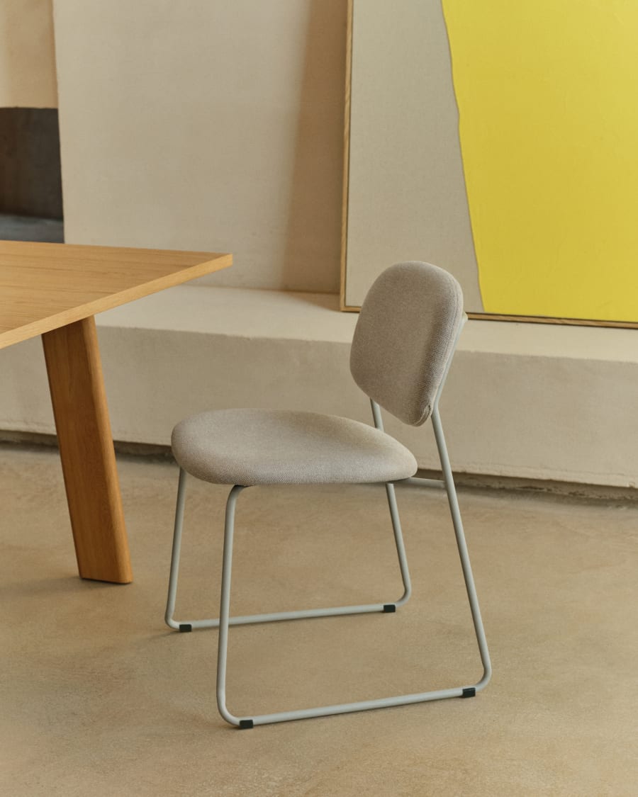 Meli stackable chair in beige chenille with beige metal legs FSC Mix Credit