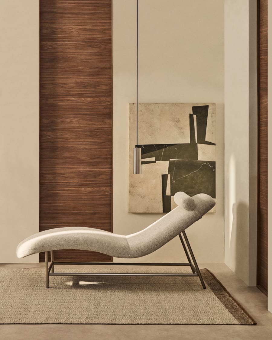 Osla divan in beige chenille with brushed stainless steel legs 175 cm
