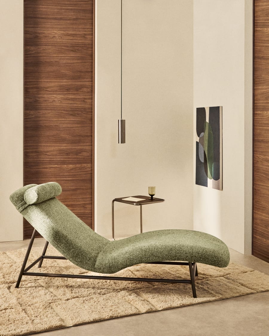 Osla divan in green chenille with brushed stainless steel legs 175 cm