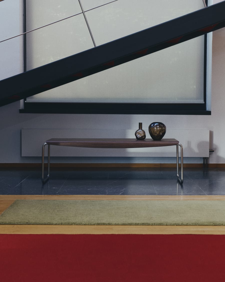 Panca Tarsel in impiallacciato di noce 100% FSC con struttura in acciaio inox spazzolato 142 cm