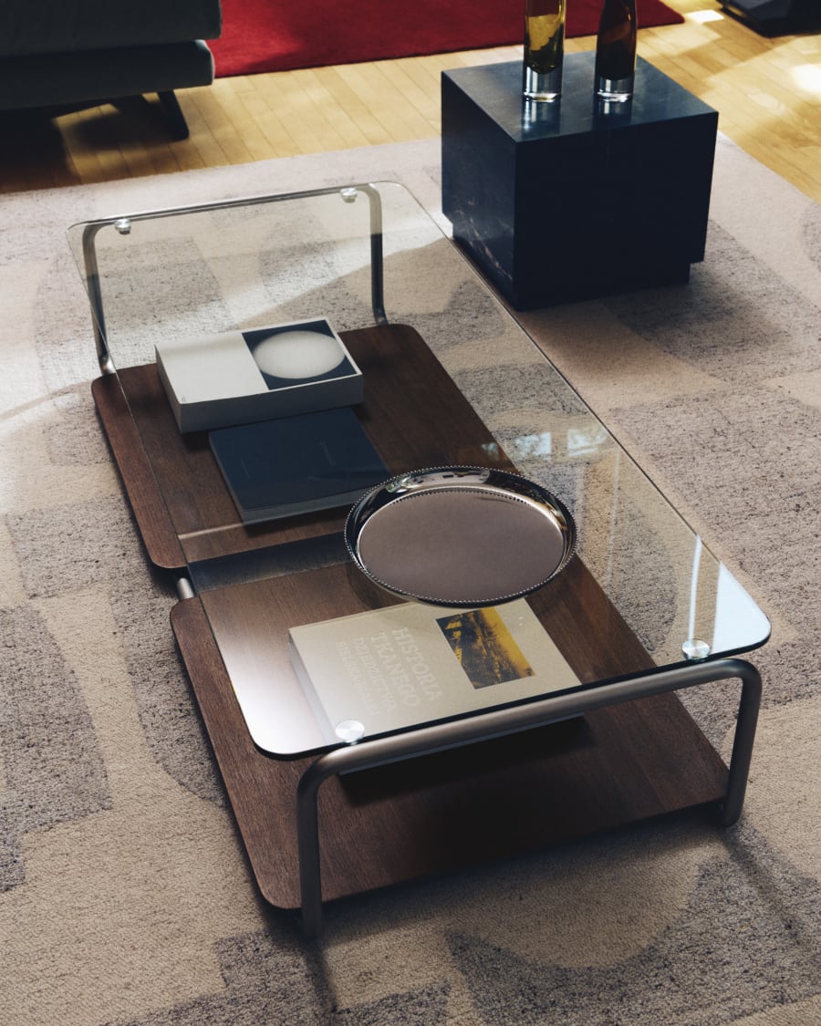 Tarsel coffee table in tempered glass with FSC 100% walnut veneer tray with brushed stainless steel structure 140 x 60cm