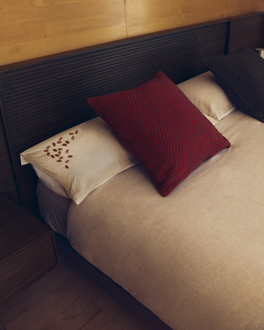 Set Virelda con copripiumino e federa in cotone e lino beige con ricamo per letto da 150 cm