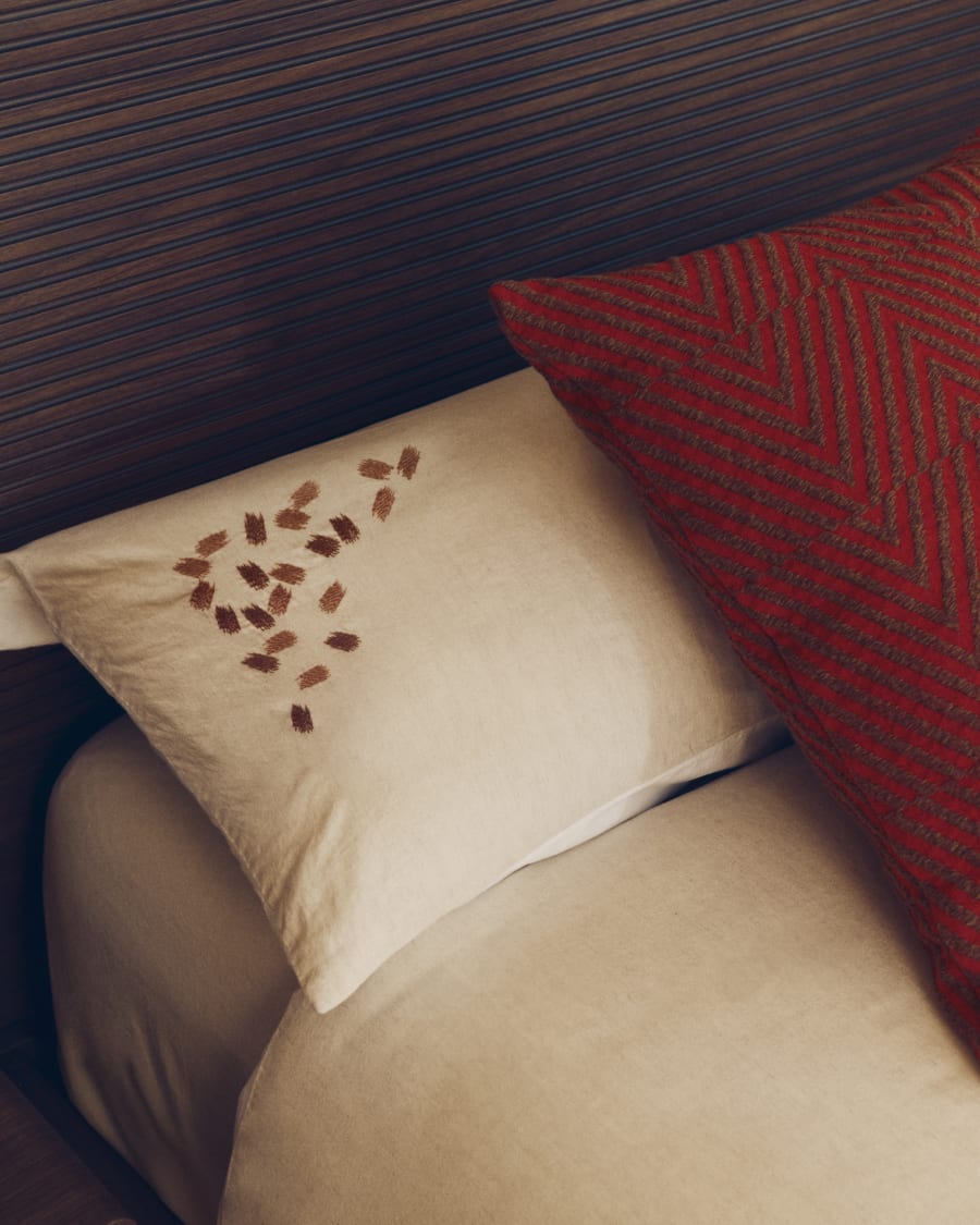 Set Virelda con copripiumino e federa in cotone e lino beige con ricamo per letto da 150 cm
