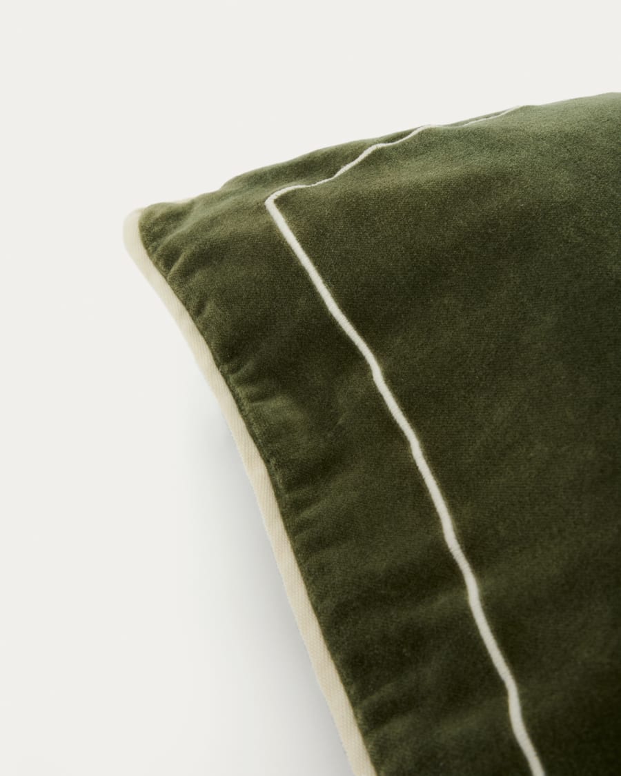 Housse de coussin Tivani en velours vert brodé avec liseré contrasté 45 x 45 cm