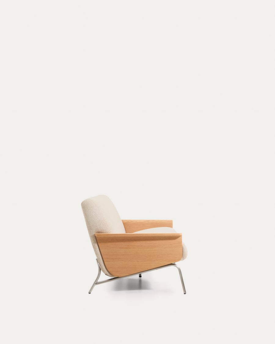Amsen beige chenille 3-seater sofa in oak plywood with brushed stainless steel legs 190cm FSC 100%