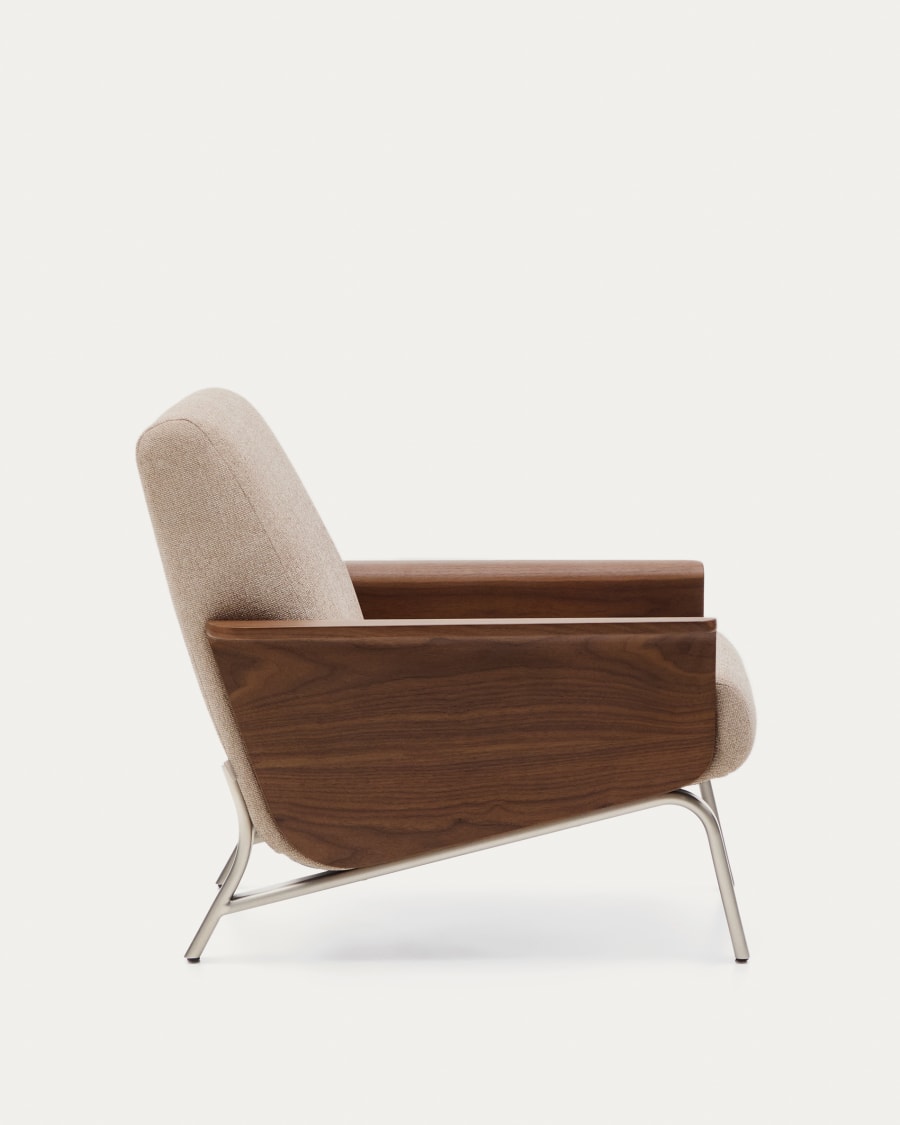 Amsen light brown armchair in walnut plywood with legs in brushed stainless steel FSC 100%