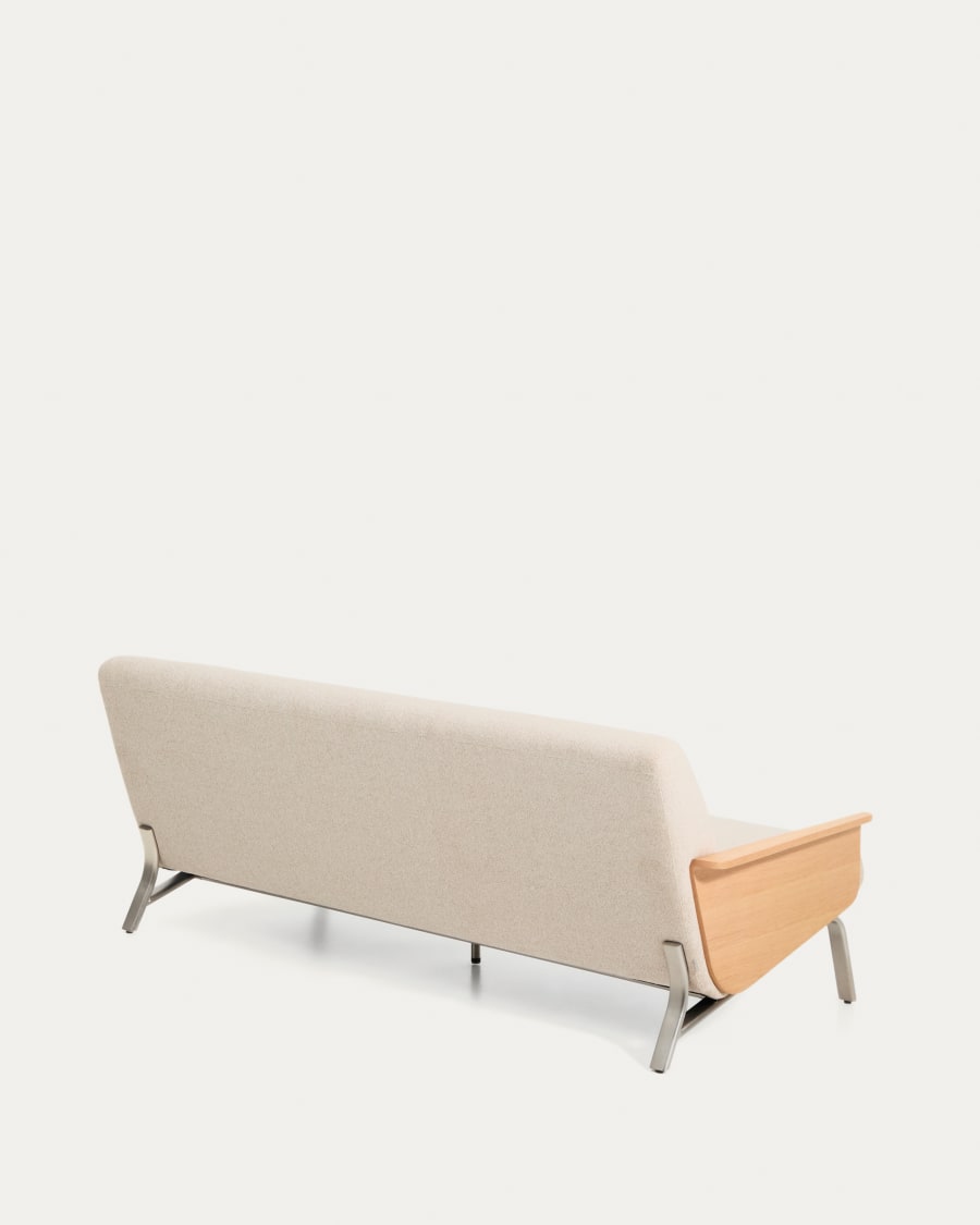Amsen beige chenille 3-seater sofa in oak plywood with brushed stainless steel legs 190cm FSC 100%