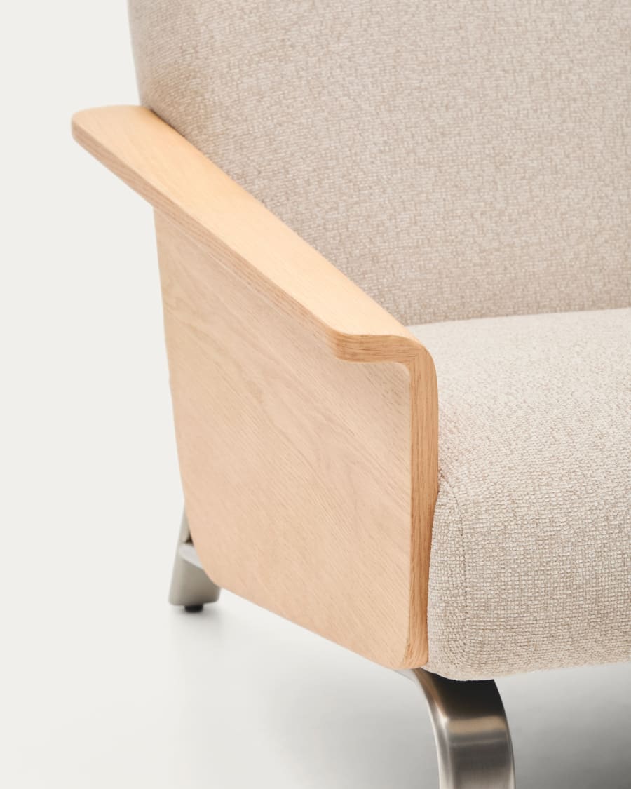 Amsen beige chenille 3-seater sofa in oak plywood with brushed stainless steel legs 190cm FSC 100%
