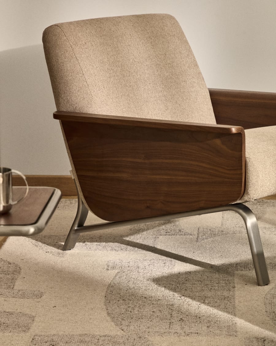 Amsen light brown armchair in walnut plywood with legs in brushed stainless steel FSC 100%