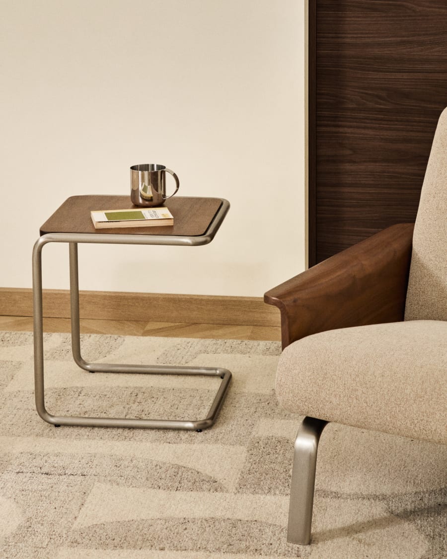 Tarsel side table in FSC 100% walnut veneer with brushed stainless steel structure 42 x 47cm