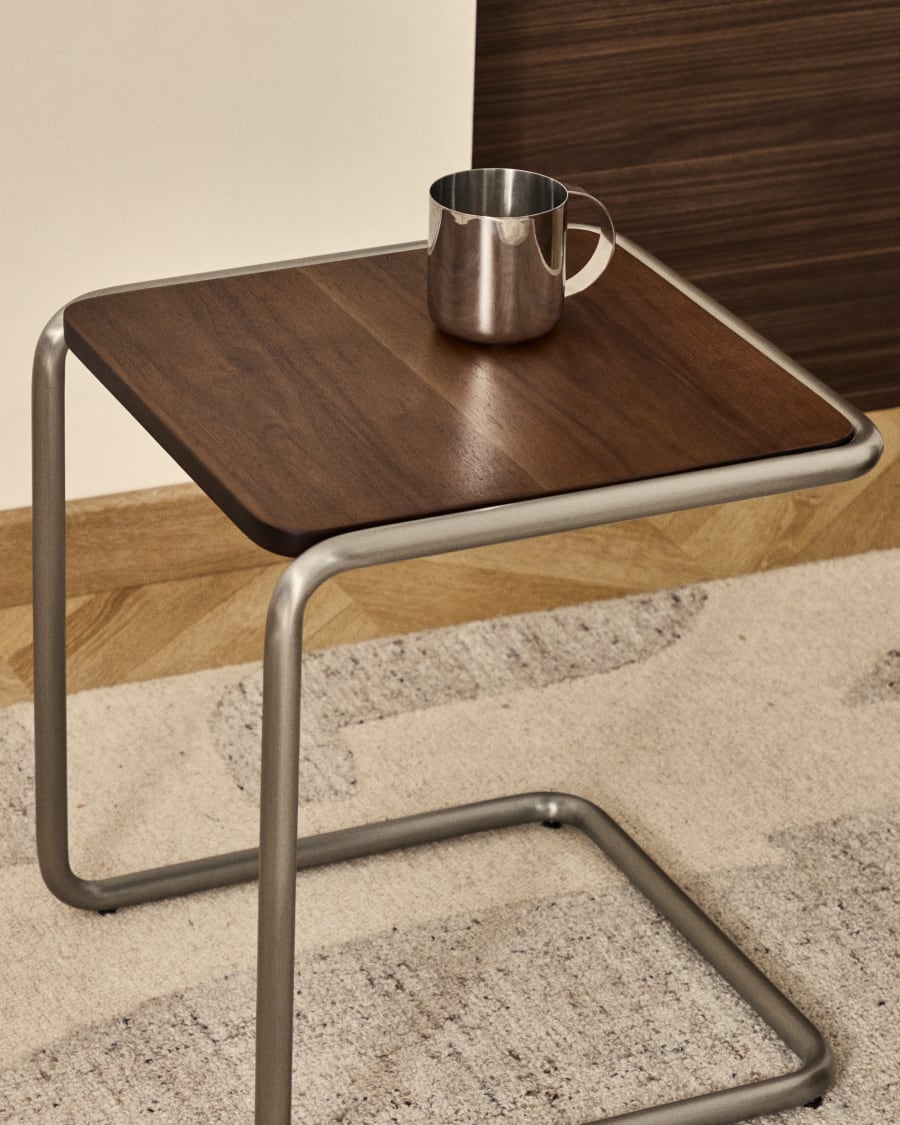 Tarsel side table in FSC 100% walnut veneer with brushed stainless steel structure 42 x 60cm