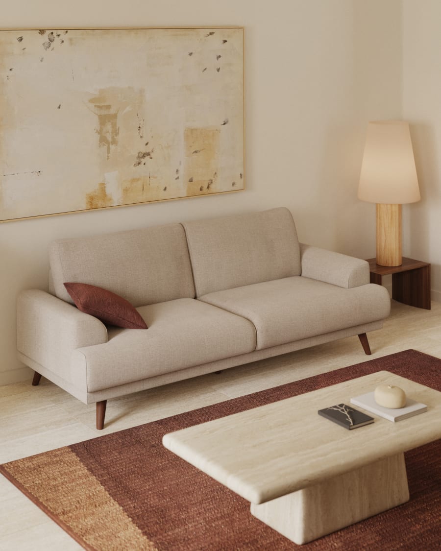 Karin 3-seater sofa beige with solid beech wood legs with walnut-effect finish, 231 cm