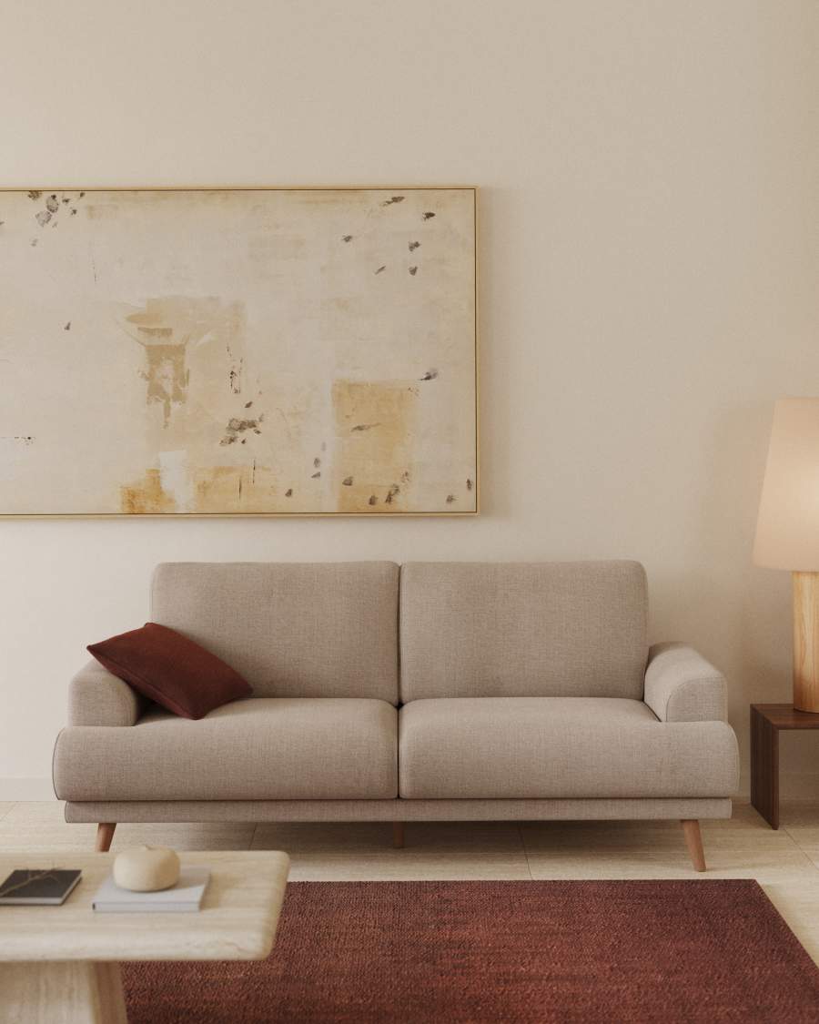 Karin 3-seater sofa beige with solid beech wood legs with natural finish, 231 cm