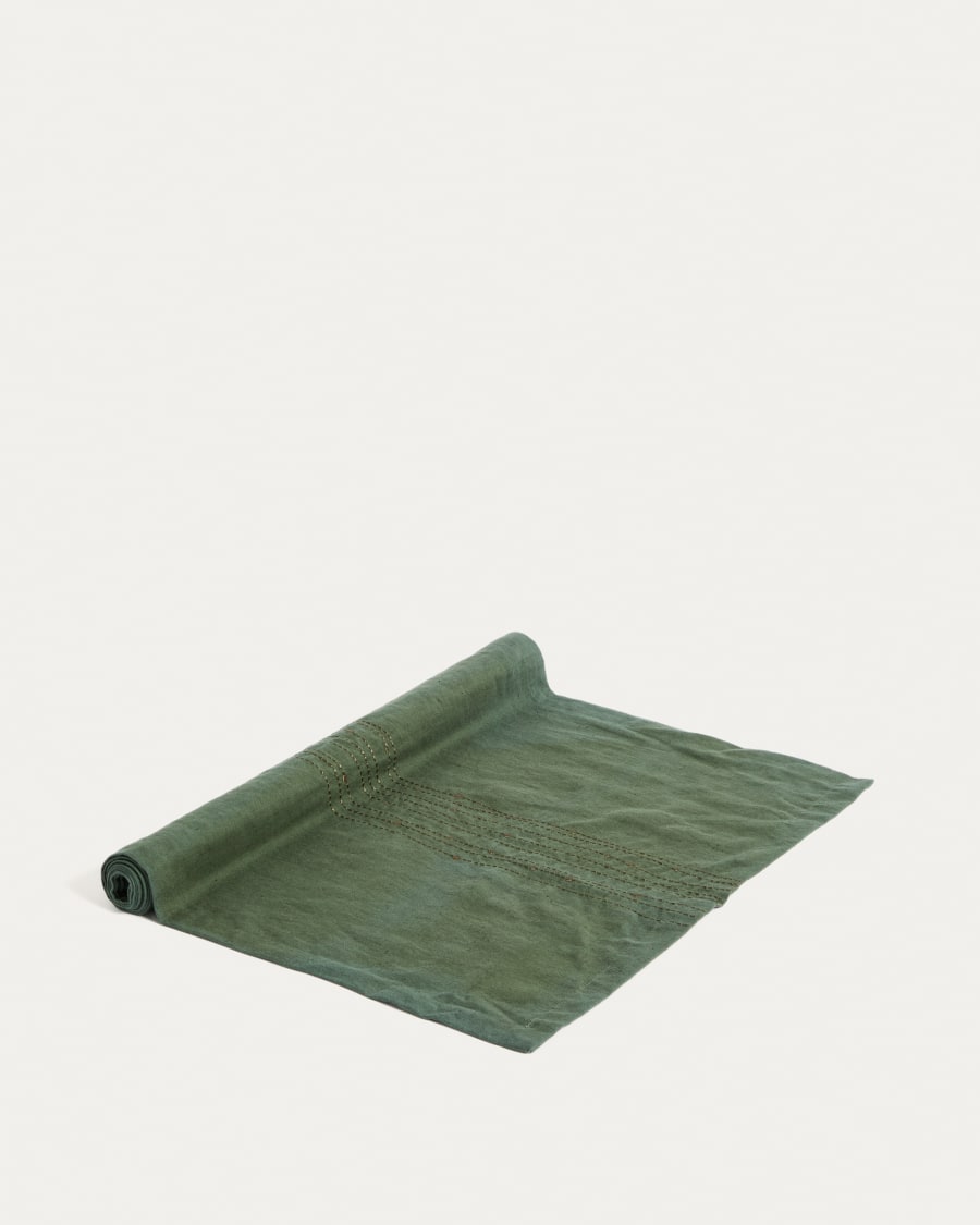 Runner da tavola Flia in lino e cotone verde, con ricamo in lurex dorato 50 x 150 cm.
