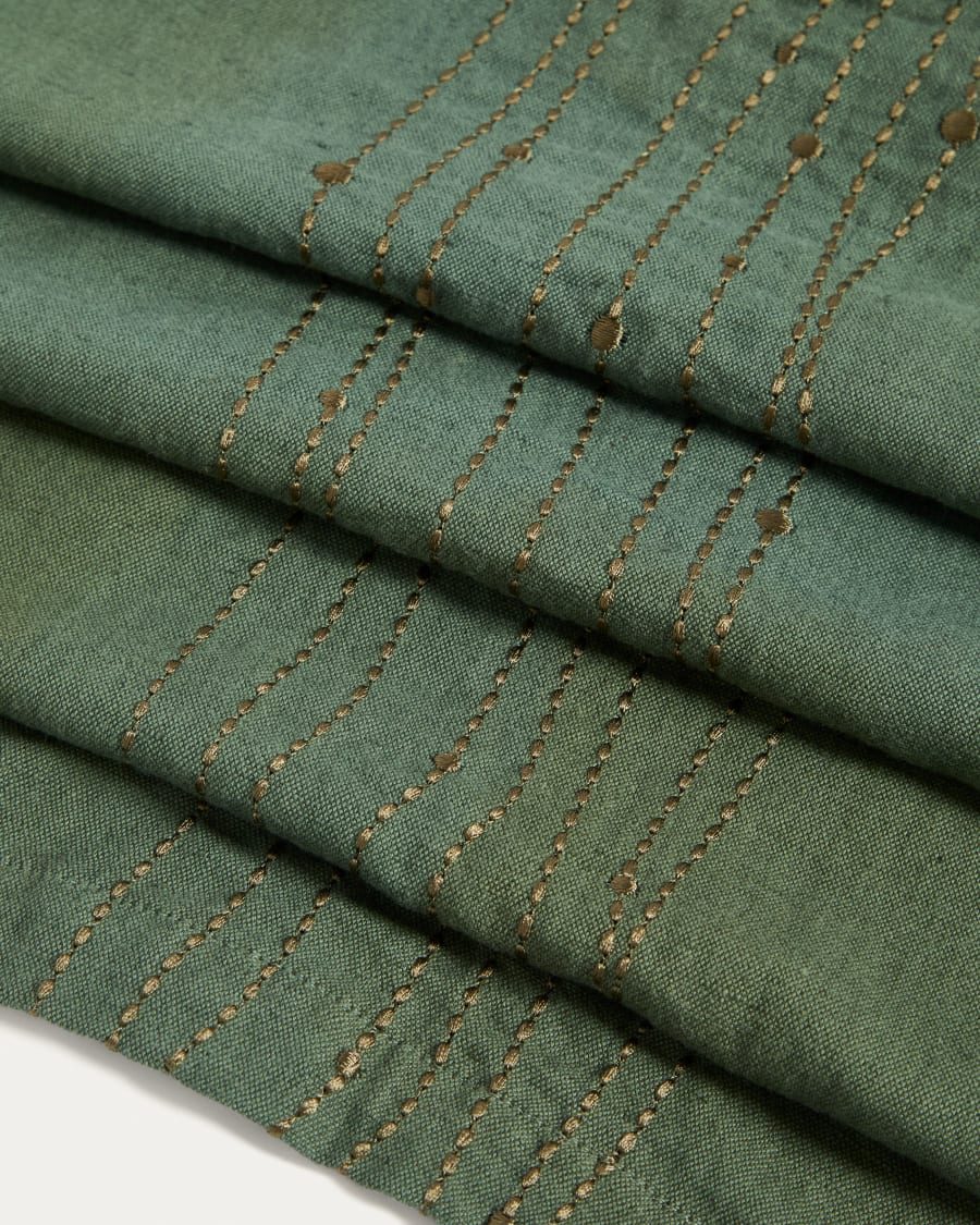 Runner da tavola Flia in lino e cotone verde, con ricamo in lurex dorato 50 x 150 cm.