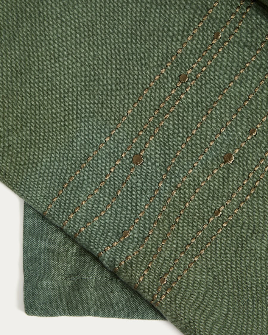 Runner da tavola Flia in lino e cotone verde, con ricamo in lurex dorato 50 x 150 cm.