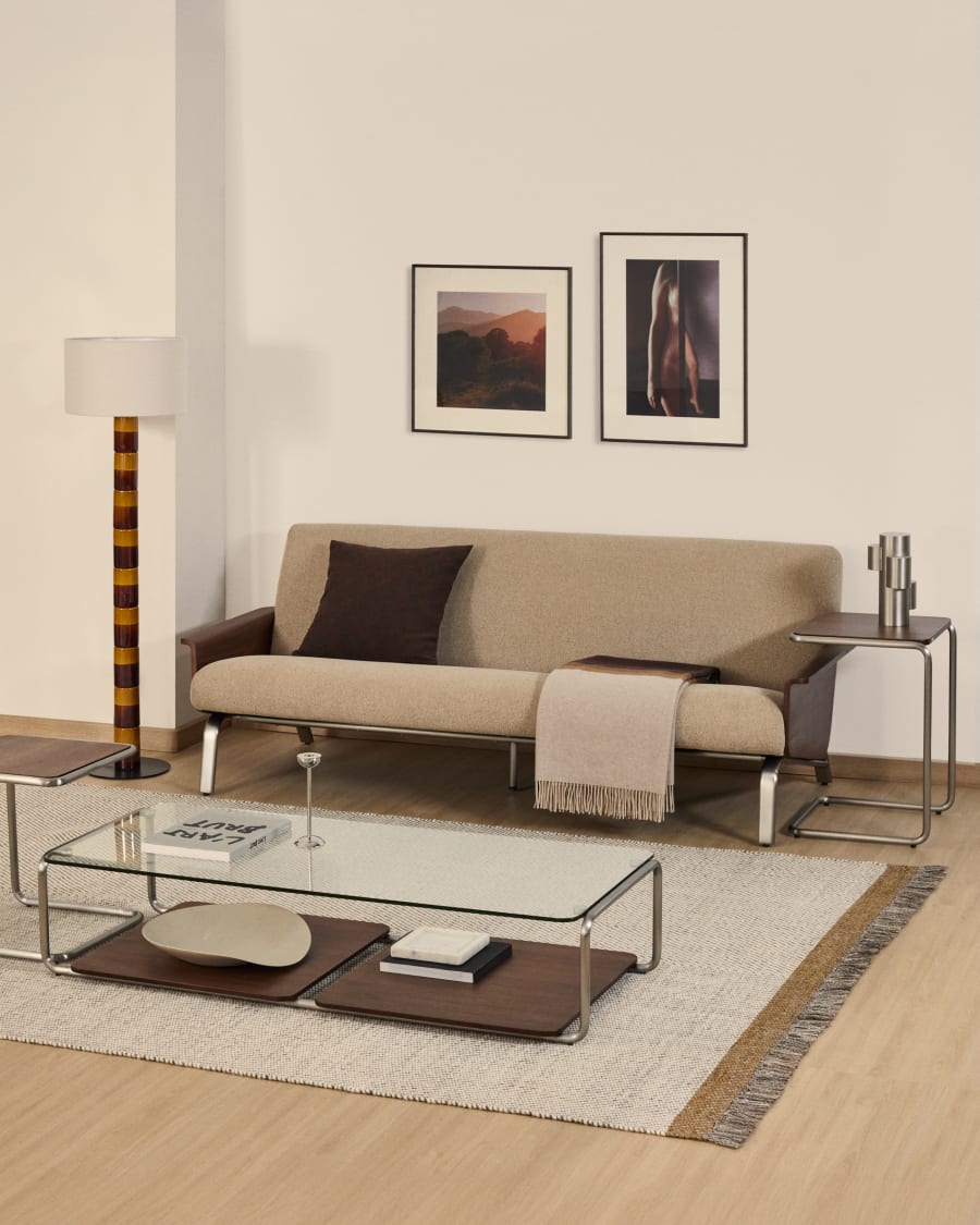 Amsen light brown 3-seater sofa in walnut plywood with brushed stainless steel legs 190cm FSC 100%