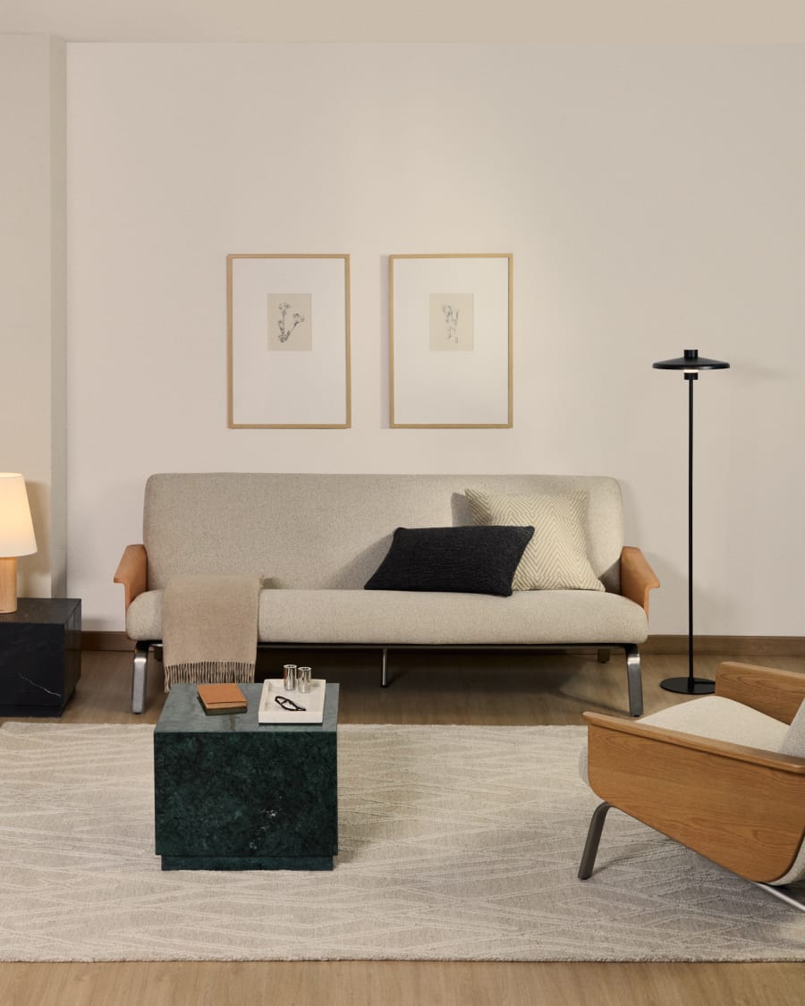 Canapé Amsen en chenille beige de 3 places en contreplaqué de chêne avec pieds en acier inoxydable brossé 190 cm FSC 100 %