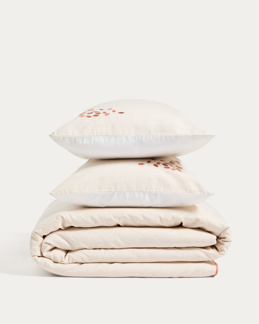 Set Virelda con copripiumino e federa in cotone e lino beige con ricamo per letto da 150 cm