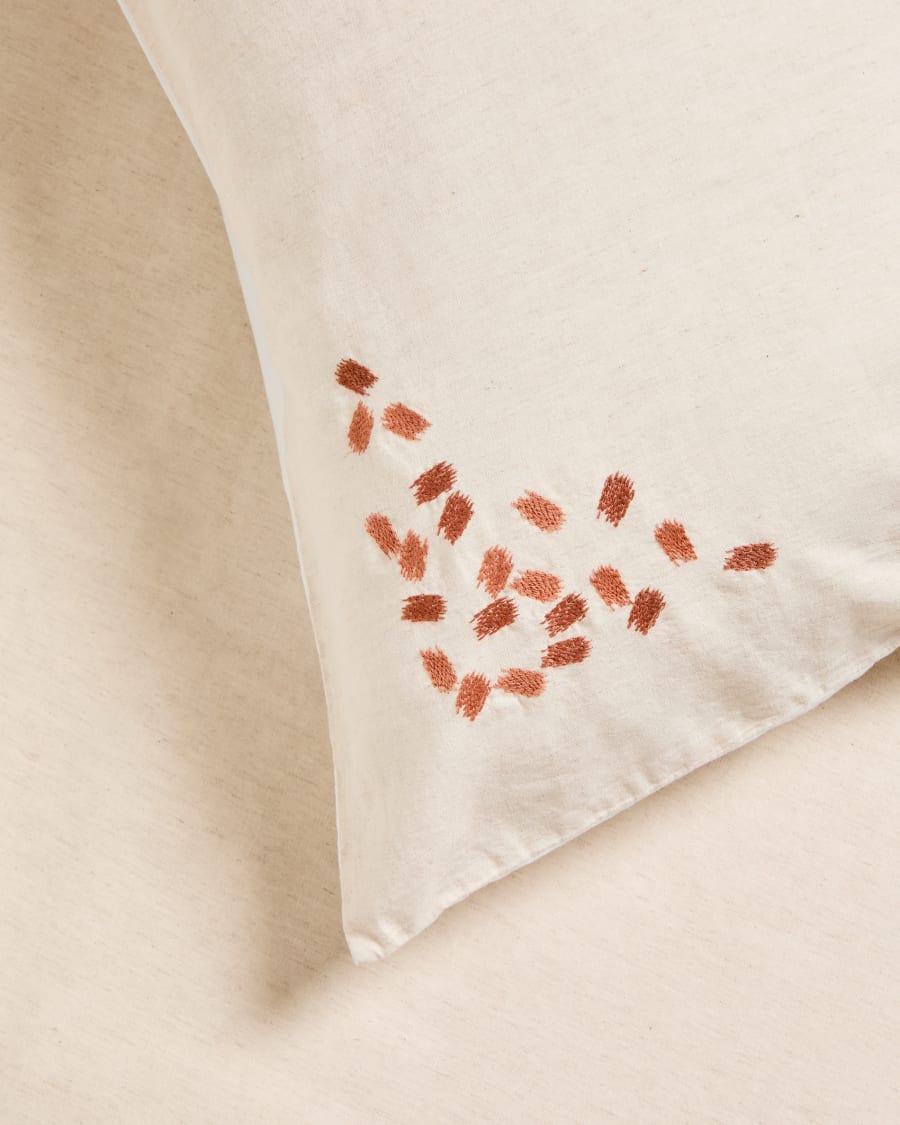 Virelda duvet cover and pillowcase set in beige cotton and linen with embroidered detail for 90cm bed