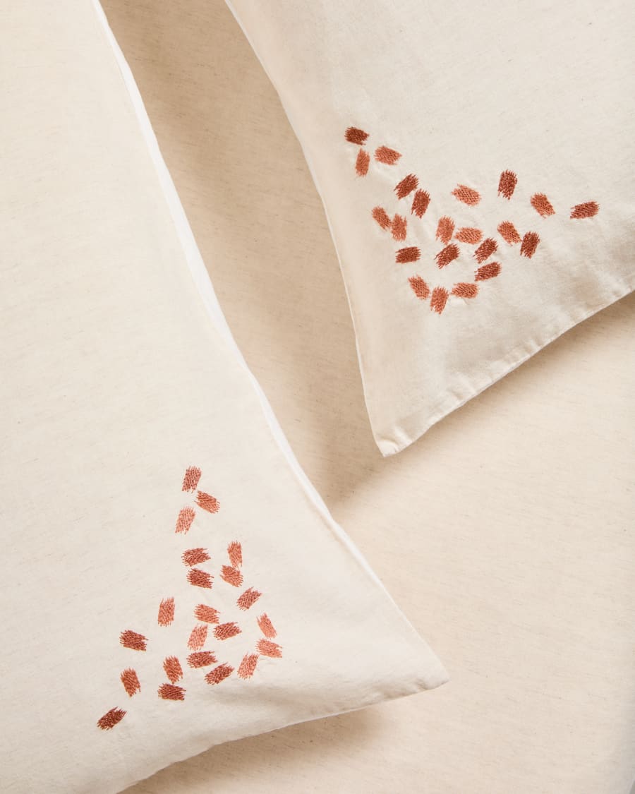 Ensemble Virelda housse de couette et taie d’oreiller en coton et lin beige avec broderie pour lit de 180 cm
