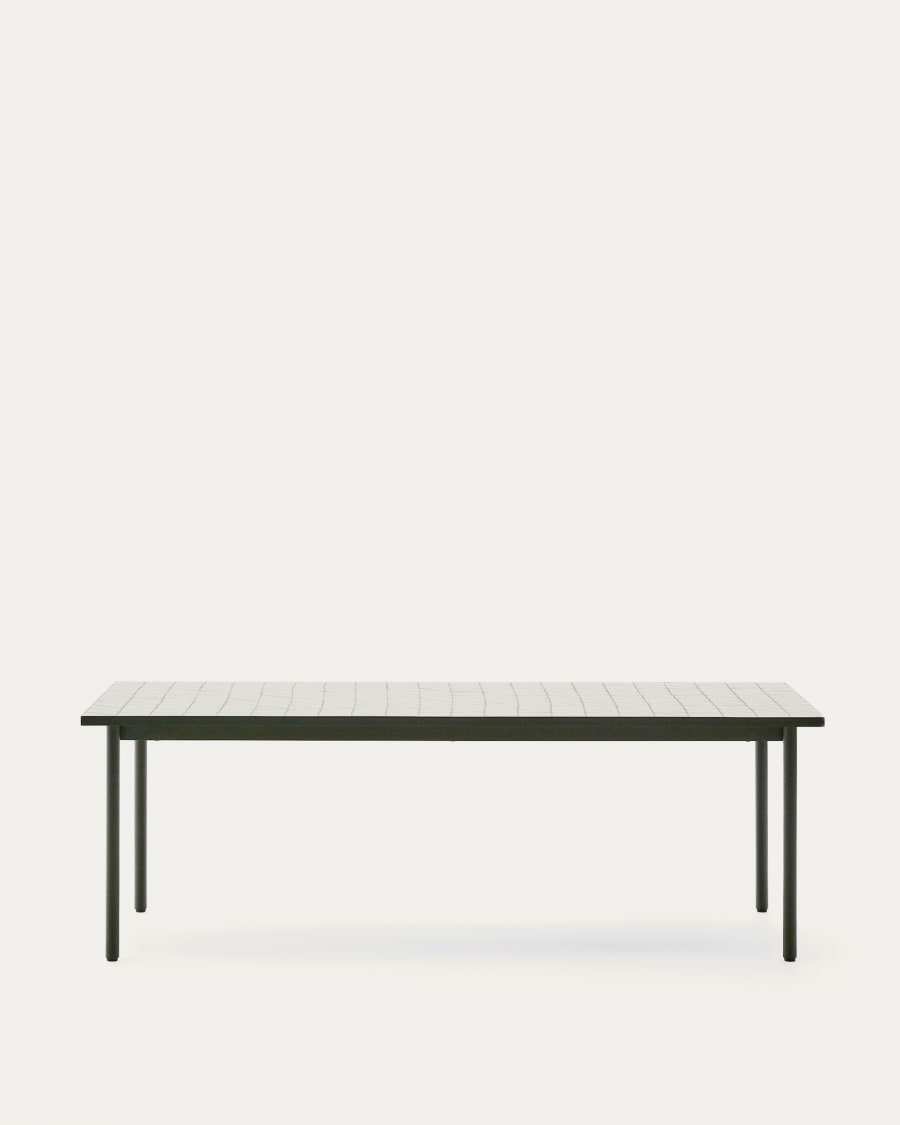 Maurina outdoor table in green galvanised steel with ecru-colored tiles 223 x 101cm