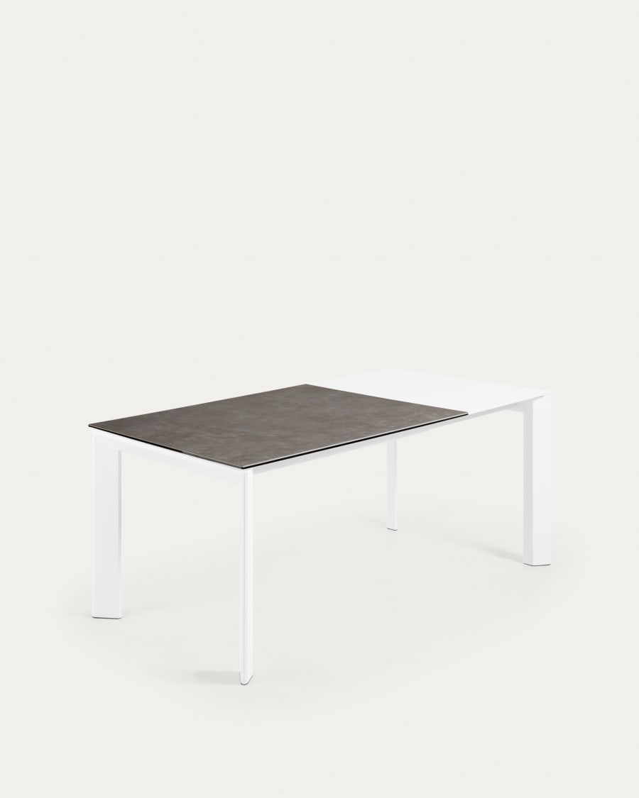 Axis extendable ceramic table in Vulcano Ceniza finish, white steel legs 120 (180) cm