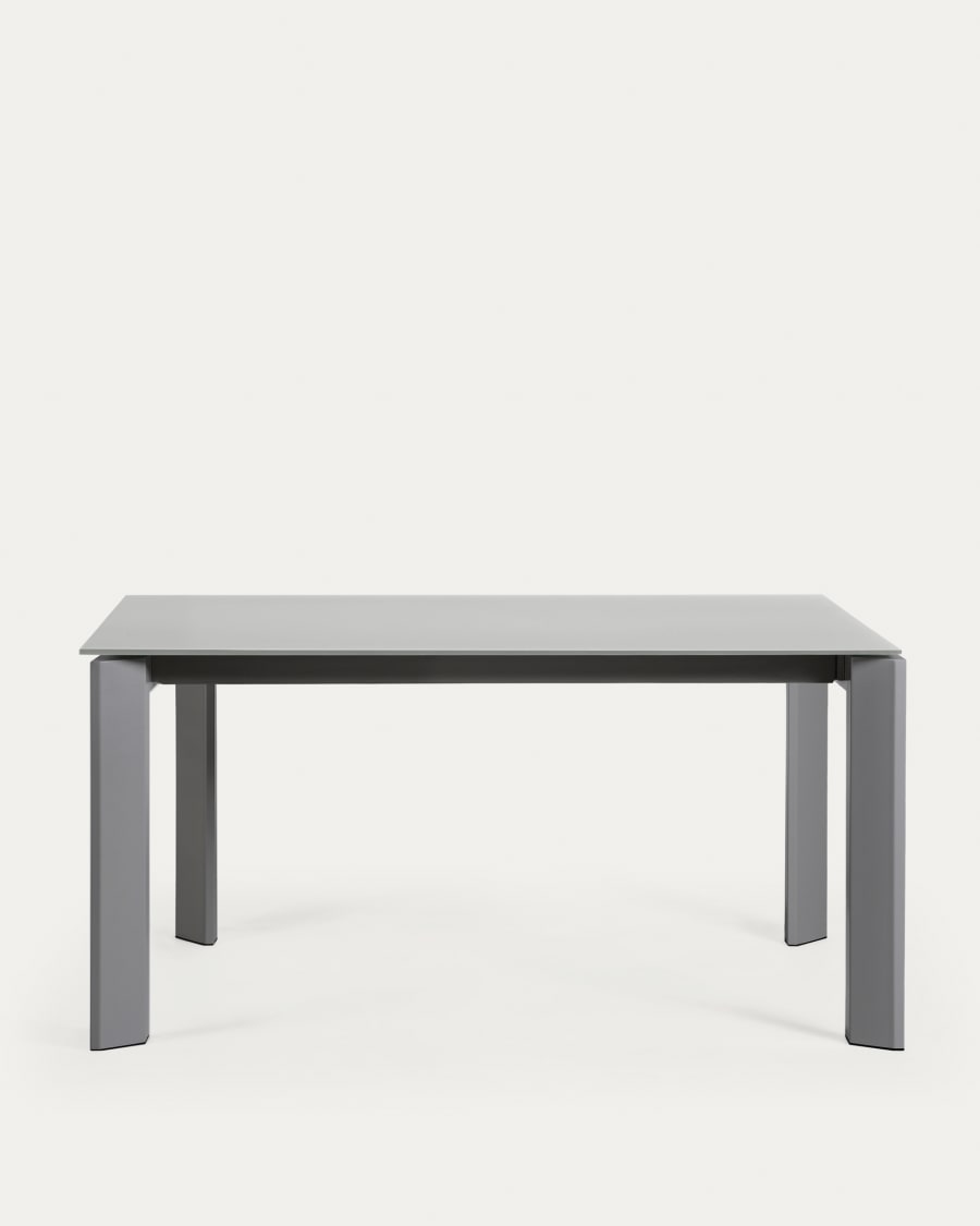 Axis extendable table in grey glass with steel legs in a dark grey finish, 160 (220) cm